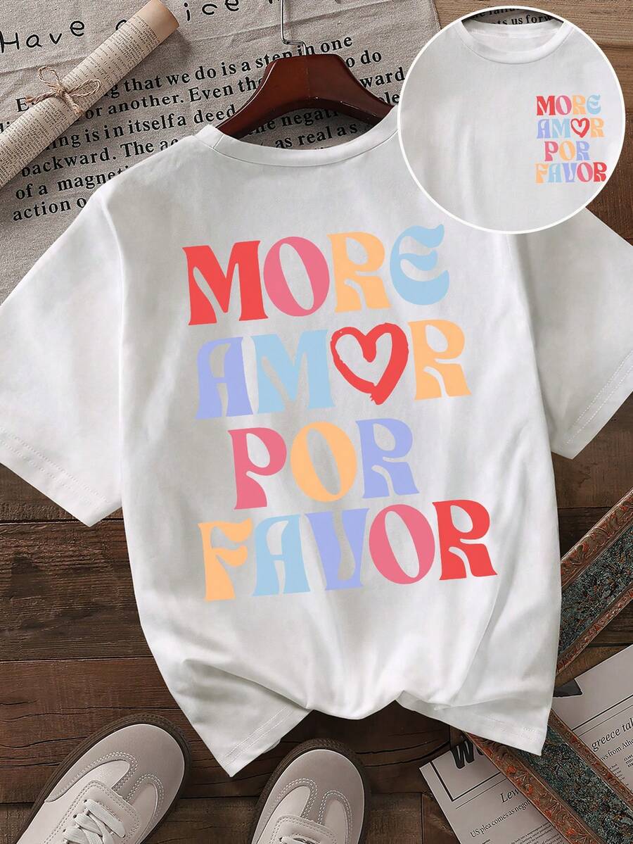 SHEIN LUNE Camiseta de manga corta informal con estampado de letras, versátil para el verano, talla grande