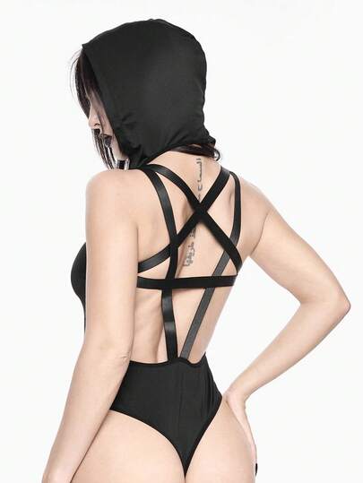 Gothic Backless Triangular Milk Silk Hooded Sexy Jumpsuit