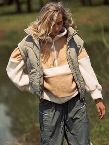 Medorelle Women's Winter Stand Collar Half-Zip Contrast Color Patchwork Sherpa Fleece Loose Drawstring Sweatshirt - Apricot - View 7