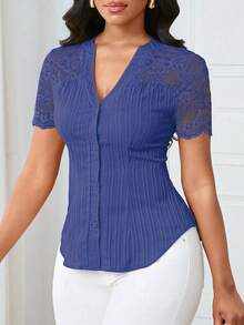 Lunelith SHEIN Lunessa 女式优雅通勤简约缺口领花卉蕾丝纹理面料修身衬衫，夏季 - 寶藍色 - 查看 6