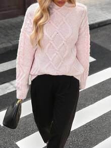 SHEIN PariChic Chunky Knit Floral Oversized Pullover Sweater - Baby Pink - View 3