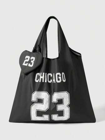 Grunge Punk Modische minimalistische Tasche mit Spitzen- und Zahlenprint-Muster, große Kapazität, tragbare faltbare Einkaufstasche mit Münzbeutel