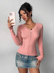 Jeanoix 女式纯色V领扭纹休闲百搭长袖针织上衣 - 藕粉色 - 查看 5