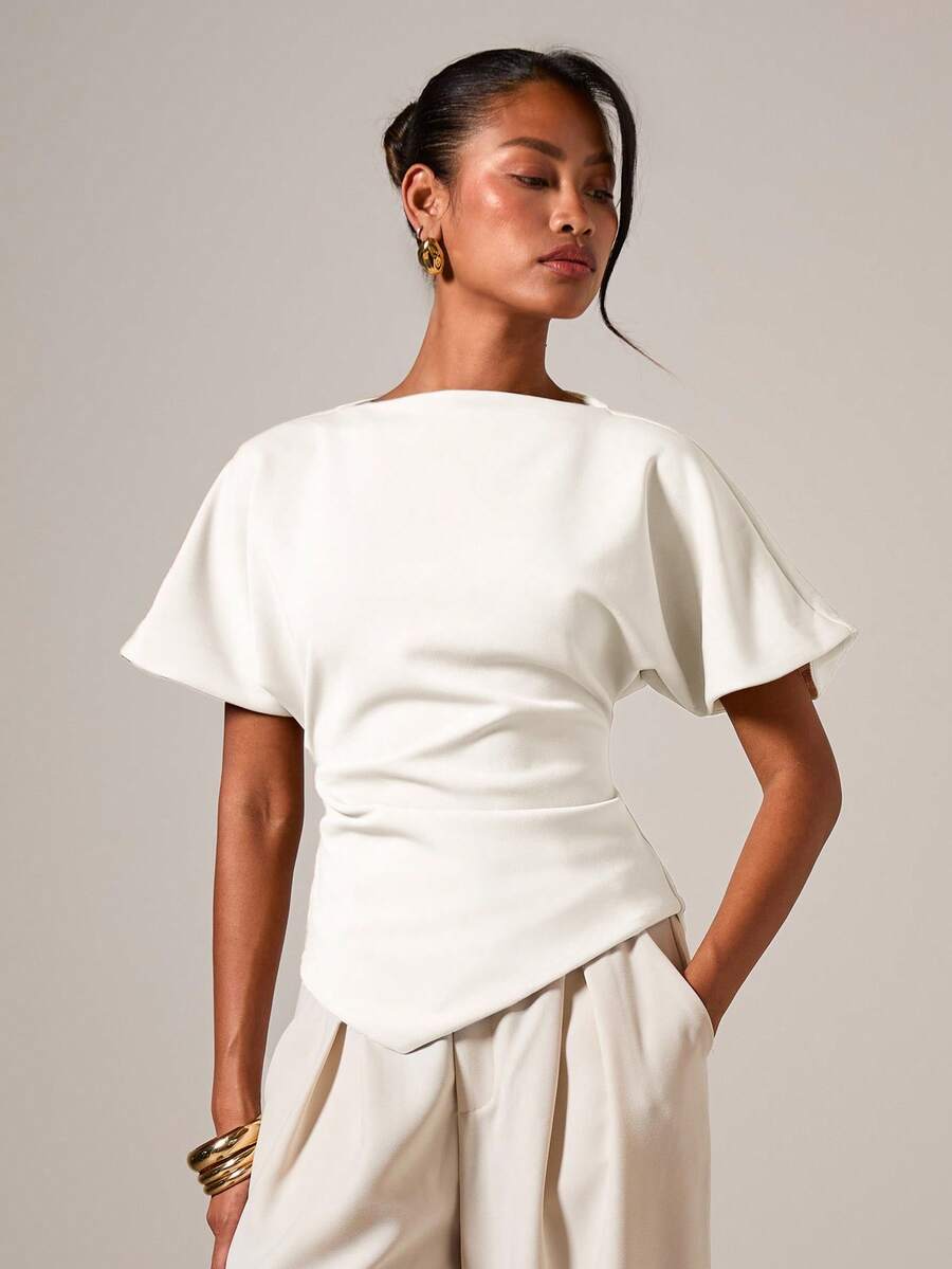 COSMINA Women's Elegant Ruched Round Neck T-Shirt, Suitable For All Seasons - White - View 1