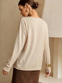SHEIN Unity Lymera Women's White Casual Elegant V-Neck Long Sleeve Textured Knit T-Shirt Tops, Versatile For Everyday Wear, Summer Autumn/Winter For Party Going Out New Year Christmas Thanksgiving Work Office Commuting Occasion - Apricot - View 3