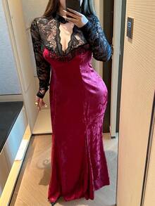 Vibekara Christmas Plus Size V-Neck Cheongsam Collar Button Lace Sheer Floral Trim Long Sleeve Stretchy Elegant Patchwork A-Line Knee-Length Black Vacation Party Cocktail Dress For Women Burgundy Lehenga