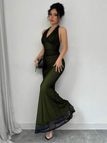 Rafferiza 优雅修身鱼尾下摆 V 领腰部褶皱针织网眼玫瑰红色衬里长款连衣裙，适合女士，秋冬 - 軍綠色 - 查看 3