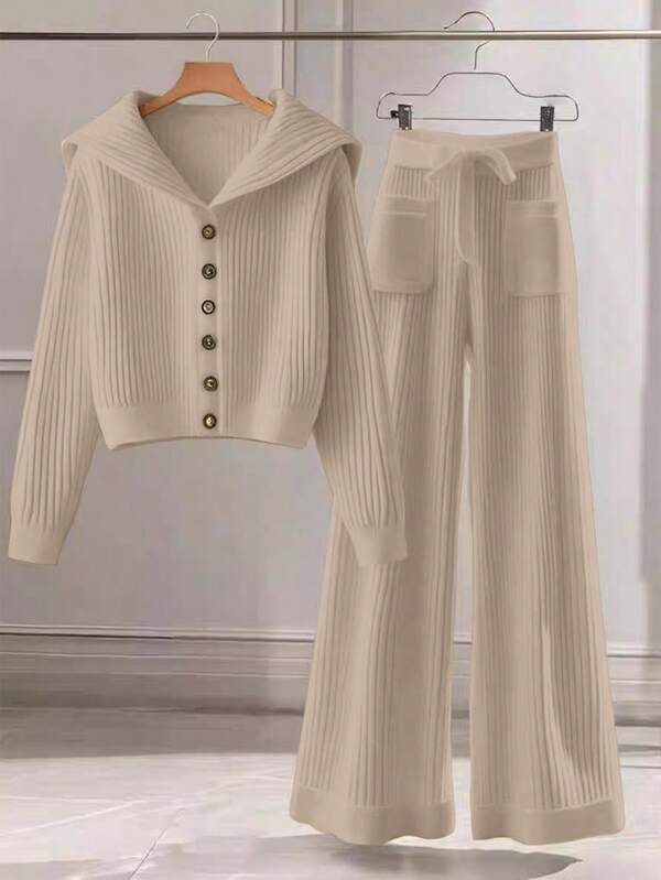 Franclia 2pcs Women Casual Solid Color Knit Sweater Set - Collared Button-Up Cardigan And Front Bow Pocket Knit Pants
