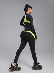 Innovista Women's Color-Blocked Zipper Collar Jacket And Pants Ski Set – A Two-Tone Sportswear Set Featuring A Stylish Zip-Up Long-Sleeved Cropped Jacket Paired With High-Waisted, Hip-Lifting Leggings. This Premium Sportswear Set Is Suitable For Yoga, Pilates, Cycling, Bike Training, High-Intensity Interval Training, Running, And Gym Workouts. Breathable, Stretchy, Quick-Drying, And Sweat-Wicking, It's Perfect For Fall And Winter Wear. Neon Piping, Utilitarian Chic - Black - View 10