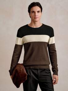 Manfinity Homme Men's Contrast Color Round Neck Long Sleeve Casual Sweater For Autumn/Winter Pullover Sweater, Men Knit Sweater, Men Color Block Sweater, Men's Sweater