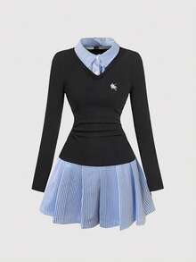 INAWLY Vestido mini casual de mujer con rayas y parches, otoño