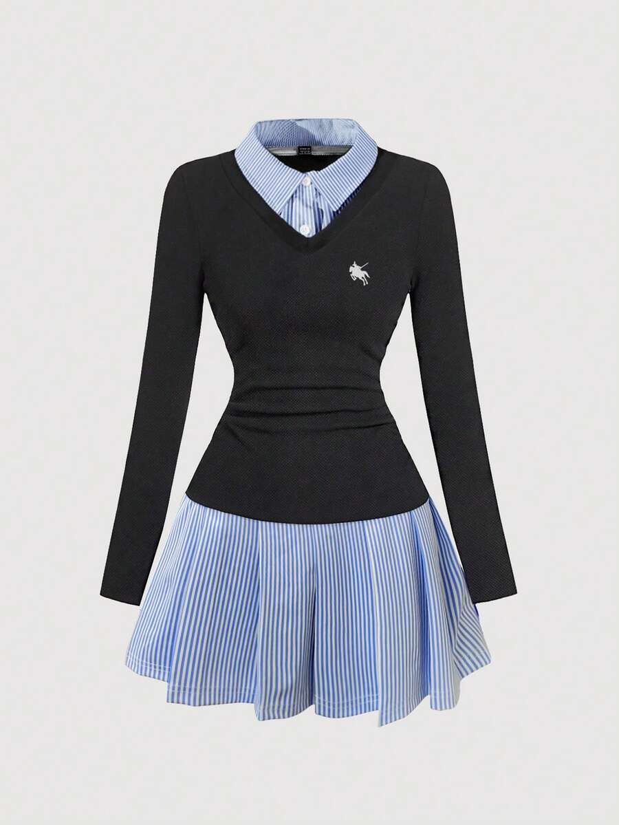 INAWLY Vestido mini casual de mujer con rayas y parches, otoño