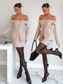 Siren Gaze Váy ôm sát mini và áo khoác blazer trễ vai màu trơn dành cho nữ, áo khoác blazer trễ vai tay dài và váy, bộ đồ công sở đi làm - Màu be - Xem 1
