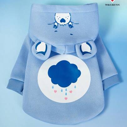 Care Bears X PETSIN 1 Áo nỉ trùm đầu in hình gấu màu xanh dễ thương hình tai ba chiều dành cho thú cưng, chó và mèo, ấm áp và thoải mái cho chó