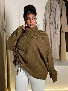 Maweii Plus Size Women High Neck Casual Drawstring Design Pullover Sweater - Coffee Brown - View 3