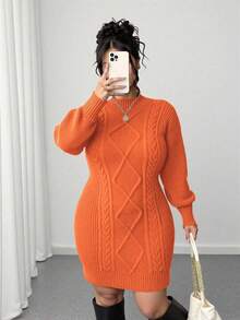 Elenzga Plus Size Solid Color Fitted Knit Dress, Casual For Autumn/Winter - Orange - View 1