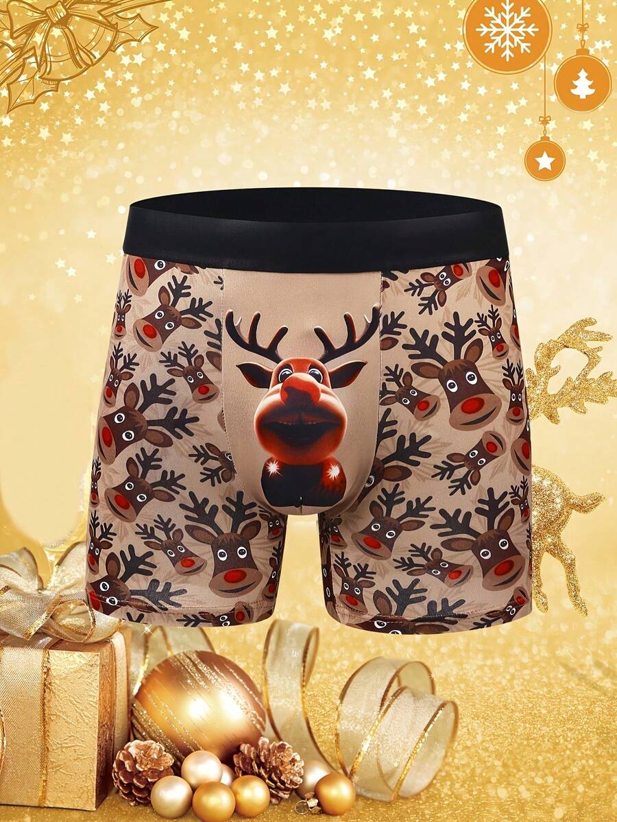 Velminro 1 Quần lót boxer in hình tuần lộc thời trang dành cho nam, quần bốn góc thoải mái và thoáng khí, làm quà tặng mới lạ - màu nâu - Xem 1
