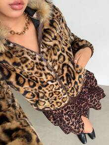 Jeanoix 豹纹拼布仿毛领性感皮草大衣 - 彩色 - 查看 3