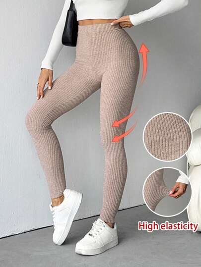SHEIN Tall Women Ribbed High Waist Leggings Four Seasons,Thanksgiving For Women Brown Stretch Knitted Pants With High Elastic Ribbed Fabric,Fall,Fall For Women