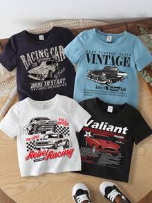 SHEIN 4 件装男婴休闲简约赛车印花短袖圆领上衣，适合春夏季