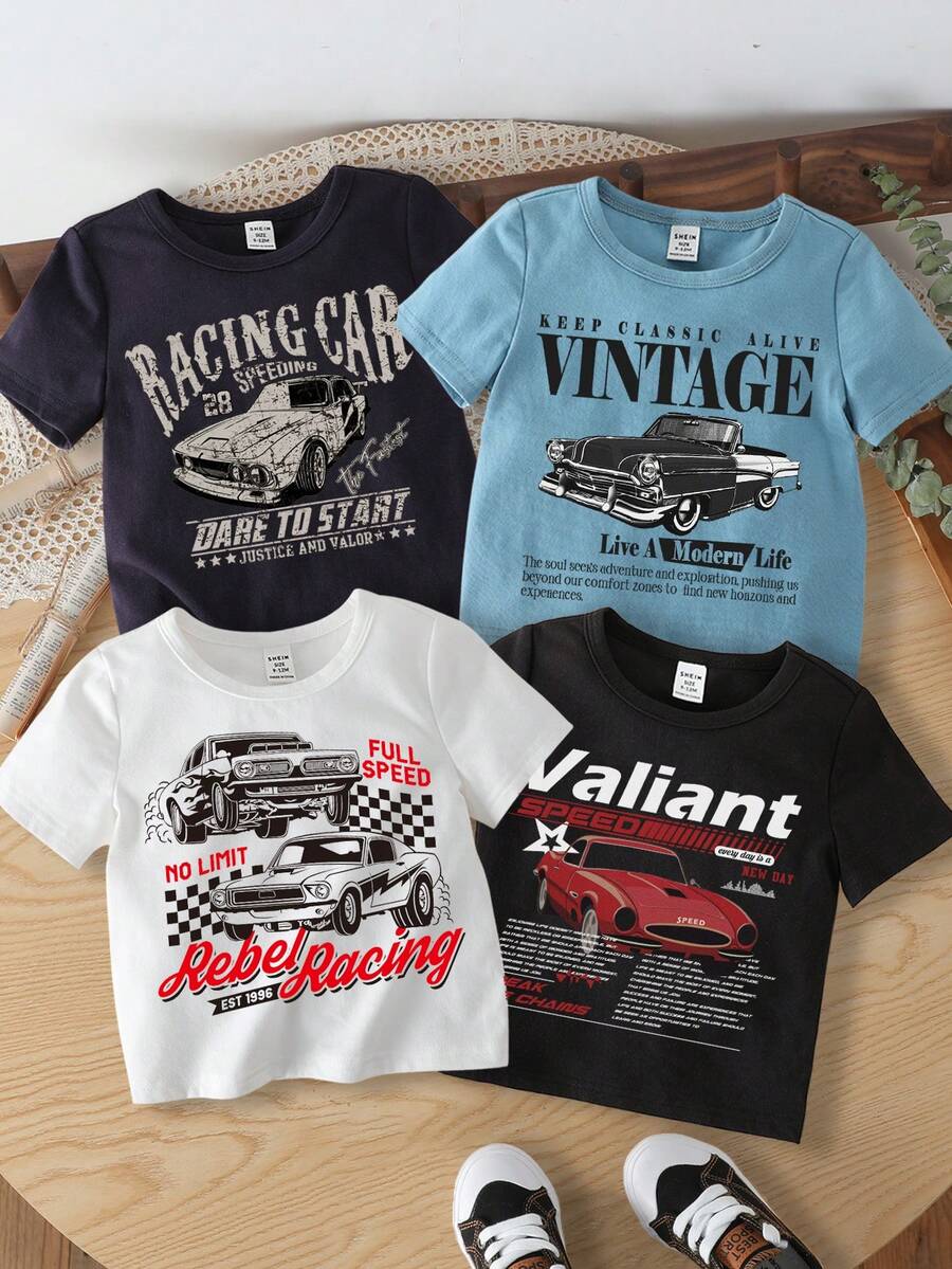 SHEIN 4 件装男婴休闲简约赛车印花短袖圆领上衣，适合春夏季