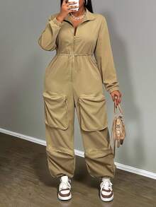 Slaydiva Combinaison grande taille, style urbain décontracté, pour festival de musique, Pâques, fête d'anniversaire, usage quotidien, polyvalente, couleur unie, poches cargo exagérées, manches longues, cordon de serrage à la taille, automne/hiver 2025 - Kaki