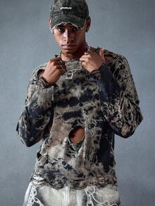 Street Life 男士扎染图案随机做旧朋克风破洞毛衣，长袖上衣 - 黑色 - 查看 5