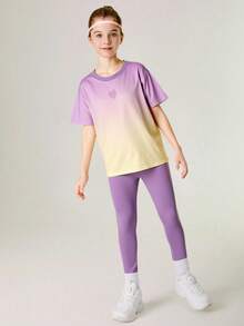SHEIN Bộ 2 áo thun + quần legging cho bé gái tuổi teen, đồ tập yoga thể thao chạy bộ co giãn nhiều màu sắc thời trang đường phố - Màu Lilac Tím - Xem 5