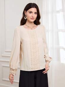 EMERY ROSE Women's Elegant Solid Color Lace Patchwork Blouse, Autumn - Apricot - View 3