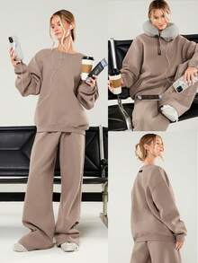 GLOWMODE Heavyweight Fleece Oversized Fit Sweatshirt Thick Thermal Warm Winter - Khaki - View 6