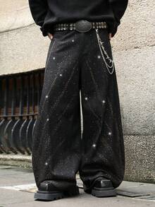 ROMWE MEN Street Life Men's Fashionable Retro Rhinestone Embellished Wide Leg Jeans - Black - View 3