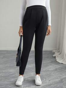 Momance Solid Color Long Pocket Pleated Skinny Casual Comfortable Maternity Leggings - Black - View 8