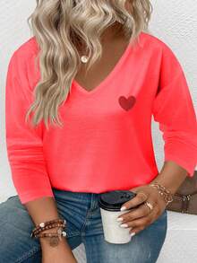 EMERY ROSE Women's Heart Print V-Neck Long Sleeve Plus Size T-Shirt, Popular For Autumn/Winter - Red - View 5