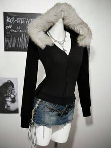 SHEIN ICON Women's Casual Retro Fitted Fur Collar Hooded Regular Jacket,Fall