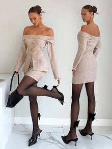 Siren Gaze Váy ôm sát mini và áo khoác blazer trễ vai màu trơn dành cho nữ, áo khoác blazer trễ vai tay dài và váy, bộ đồ công sở đi làm - Màu be - Xem 7