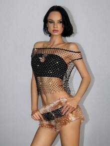 Jeanoix Top de fiesta con red de diamantes de imitación para mujeres, material brillante con diamantes de imitación, adecuado para festivales de música y carnavales - Negro - Ver 4