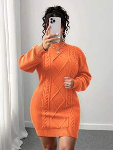 Elenzga Plus Size Solid Color Fitted Knit Dress, Casual For Autumn/Winter - Orange - View 3