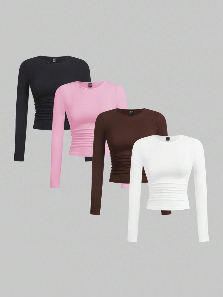 SHEIN EZwear 休闲百搭多色针织女式修身T恤多件装上衣纯色上衣女式长袖上衣紧身上衣，秋季，女士秋装长袖上衣 - 粉色 - 查看 1