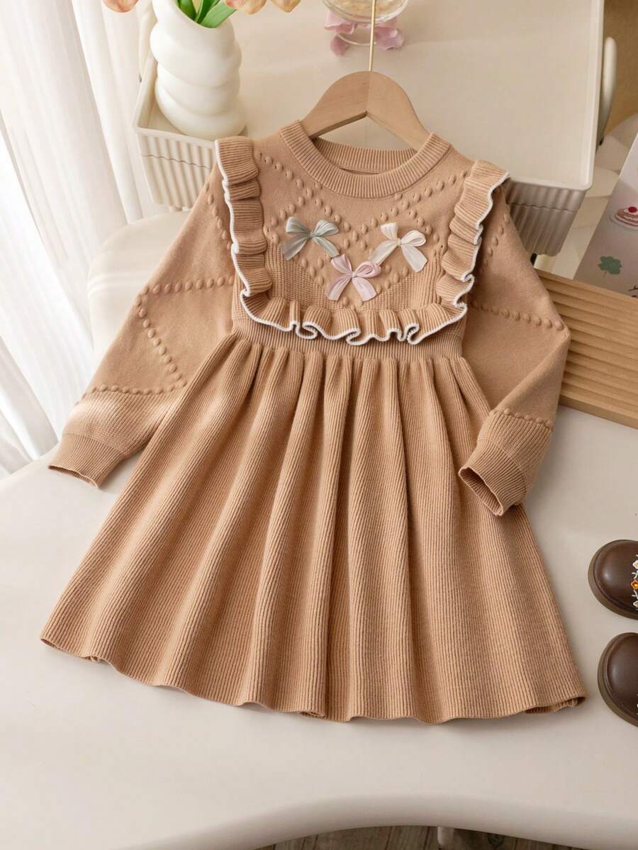 Souflis Souflis Young Girl's Pink Bow Knit Sweater Dress, Cute Ruffle Round Neck Long Sleeve Knitted Dress - Khaki - View 1