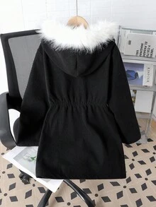 1 件女童加大灯芯绒复合摇粒绒加厚保暖拉链腰部设计休闲外套，时尚可爱，适合女童，适合秋冬 - 黑色 - 查看 2