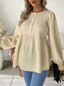 Momance 孕妇秋季简约瑞士圆点纽扣半开襟衬衫 - 杏色 - 查看 3