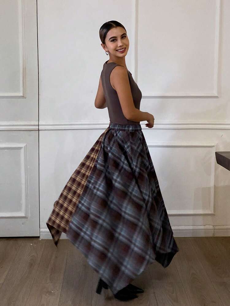 Plaid Patchwork Sleeveless Fitted Round Neck Asymmetrical Hem A-Line Dress, Casual Street Style For Women, Autumn/Winter Maxi Dress