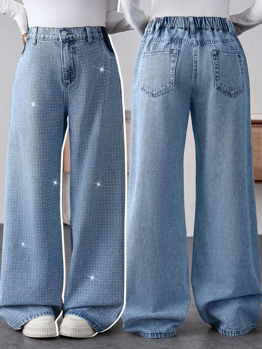 SHEIN Maternity Light Blue Rhinestone Decor Straight-Leg Denim Jeans,Summer Smart Casual Everyday High Waist Elastic Waist Snowflake Wash Maternity Pants - Blue - View 1