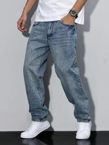 Manfinity Homme 男式休闲石洗锥形牛仔裤 - 淺色水洗藍 - 查看 6