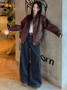 DAZY 女士纯色PU街头休闲长袖夹克皮夹克 - 酒紅色 - 查看 4