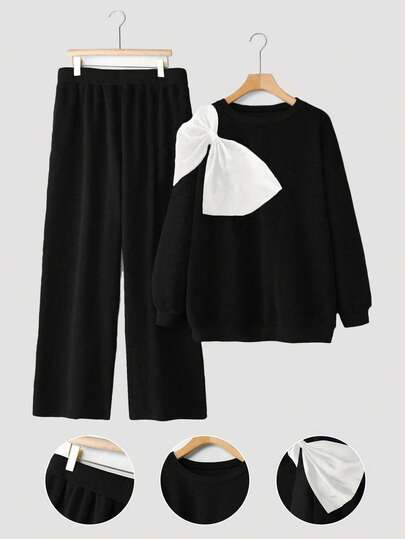 Calvaya 加大码休闲宽松深灰色圆领运动衫，3D 蝴蝶结装饰和直筒羊毛裤两件套