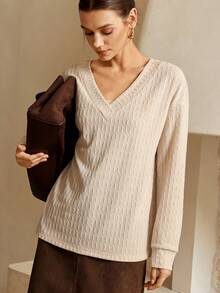 SHEIN Unity Lymera Women's White Casual Elegant V-Neck Long Sleeve Textured Knit T-Shirt Tops, Versatile For Everyday Wear, Summer Autumn/Winter For Party Going Out New Year Christmas Thanksgiving Work Office Commuting Occasion - Apricot - View 7