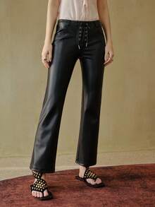 MOTF STUDIO PU 皮革系带低腰喇叭裤 - 黑色 - 查看 4