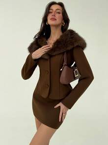 Aloruh 1 Set: Wool Blend Oversized Collar Jacket + Regular Length Wool Blend Skirt, Fashionable Outerwear For Autumn/Winter - Brown - View 7