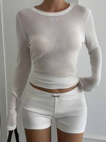 Livesso Women's Casual Letter Patch Slim Fit Long Sleeve Base Layer T-Shirt, Autumn - White - View 6